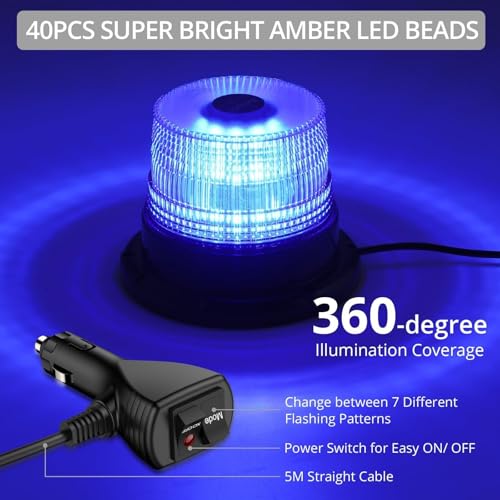 Justech 40LED Magnetic Strobe Light, 7 Flash Patterns Flashing Warning Light High Visibility, IP65 Waterproof Emergency Beacon with 16ft/5m Straight Cord for 12-24V Snow Plow Trucks Vehicles (Blue)