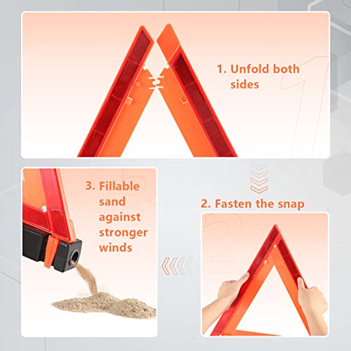WORKKOOL 3 Pack Foldable Warning Reflective Triangles with Carrying Case, Heavy Base Roadside Triangles for Vehicles Breakdown, Safty Reflector DOT Approved(Sand Filled)… - size: WT-3PK SAND FILLED