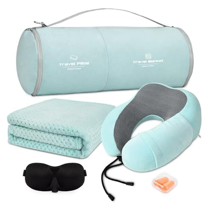 urnexttour Travel Pillow and Blanket Set Neck Pillows Soft Blankets with Sleep Mask Travel Essentials for Airplane Car Memory Foam Blue Green - color: B-blue Green