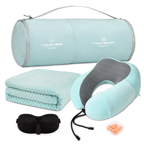 urnexttour Travel Pillow and Blanket Set Neck Pillows Soft Blankets with Sleep Mask Travel Essentials for Airplane Car Memory Foam Blue Green - color: B-blue Green