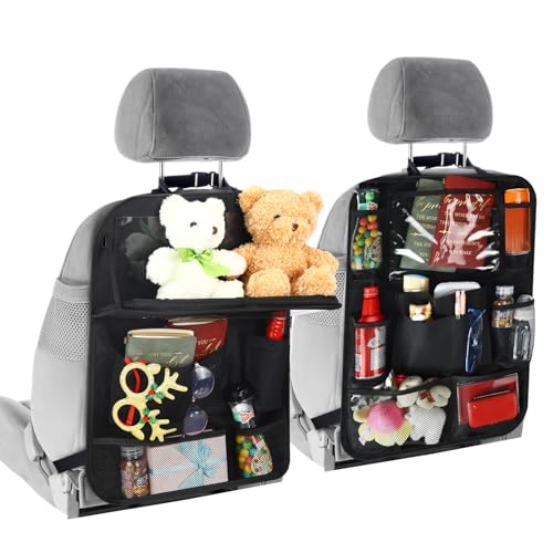 2 Pcs Backseat Car Organizers with Table Tray, 6 Storage Pockets Car Organizer with Tablet Holder, Kick Mats Protectors for Kids Travel Accessories Black, Unisex(Stylish,Black) - color: Black, size: Stylish