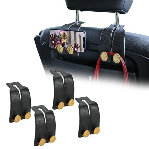 4 PCS Leather Car Seat Hooks for Headrest, Vehicle Hanger Storage Organizer Universal for Handbag Purse, Car Accessories Gift (Black-Gold-4 PCS) - color: Black-Gold-4 PCS