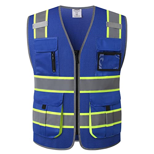 JKSafety 9 Pockets Hi-Vis Mesh Safety Vest for men and women | Chaleco reflectante de seguridad | Zipper Front | Multiple Pockets | Class 1 (140-Blue M) - color: Jk140-blue, size: Medium