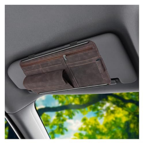 Car Sun Visor Organizer, Leather Multi-Pocket Glasses Card Holder with Zipper, Waterproof Scratch-Resistant Sunshade Storage Bag, Universal Auto Interior Accessory for Car/Truck/SUV (Brown) - color: Brown