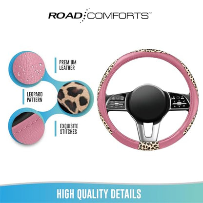 Road Comforts Steering Wheel Cover - Made with PVC Leather and Leopard Fabric - Universal 14 1/2 inches to 15 inches for Most Automotive Steering Wheel - Cheetah Print -Pink - color: Round-Pink