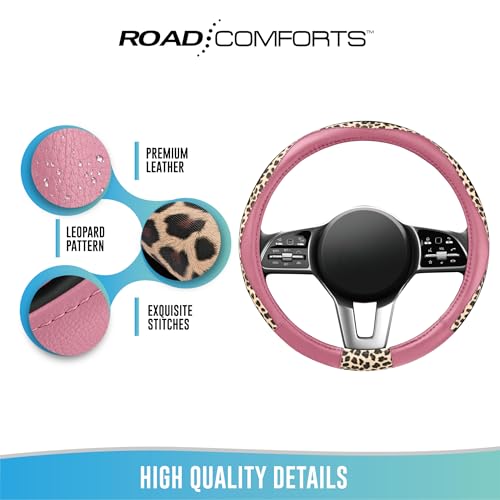 Road Comforts Steering Wheel Cover - Made with PVC Leather and Leopard Fabric - Universal 14 1/2 inches to 15 inches for Most Automotive Steering Wheel - Cheetah Print -Pink - color: Round-Pink