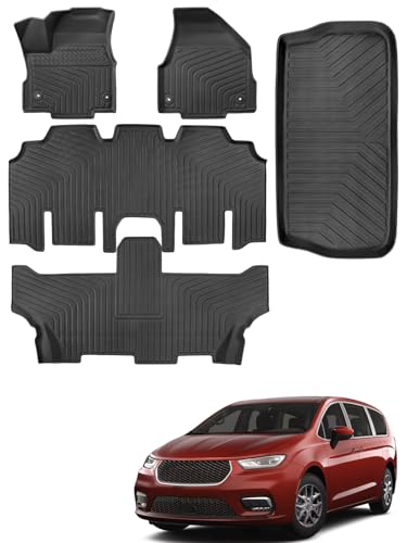 for Chrysler Pacifica 2017-2025 2026 7/8 Passenger (No Hybrid) Floor Mats Cargo Liner Carpet All Weather TPE Mat for Voyager 2020-2026, for Pacifica/Voyager 2018 2019 2021 2022 2023 2024 Accessories