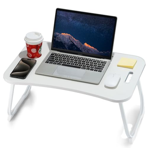 ZEAPTAC Laptop Bed Desk, Foldable Lap Desk, Portable Lap Table, Laptop Stand with Cup Holder & Tablet Slot & Lifting Handle for Working Writing Drawing & Eating - White - color: White