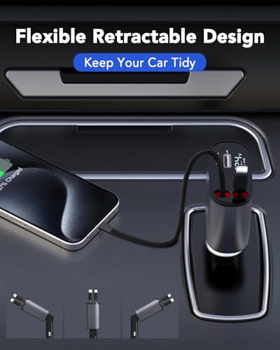 Retractable Car Charger, 4 in 1 Fast Charging 69W, Cigarette Lighter Adapter 2 Retractable iPhone Cables and USB Car Charger,Compatible with iPhone 14/13/12/11,Galaxy,Pixel - size: Cords for apple 5-14
