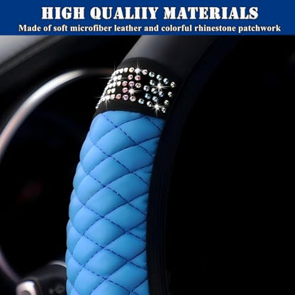 Soft Leather Car Steering Wheel Cover, Universal 15 Inch Colorful Rhinestones Anti-Slip Elastic Steering Wheel Covers for Most Cars, Sparkly Crystal Diamond for Women Girls (Blue) - color: Blue