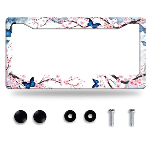 Cherry Blossom Butterfly License Plate Frame Funny Flowers License Plate Frames Stainless Steel Accessories Cars Decor with 2 Holes and Screws Fits Standard Us Ca Vehicles Size 12.2 X 6 Inches - color: Cherry Blossom Butterfly