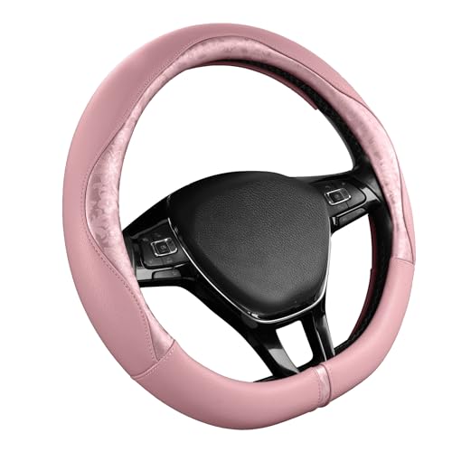PIC AUTO Steering Wheel Cover, Pink Patterned Leather Patchwork Design, Universal Fit 14.5"–15.5" D-Shape Steering Cover, Soft PU Grain Leather, Durable Grip Car Accessory for Girls & Women - color: Fits D-Shape Pink
