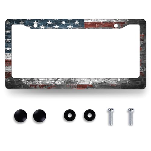 Retro American Flag License Plate Frame Patriotic Flag License Plate Holders American Funny Stainless Steel Car Bracket 2 Hole with Screws Universal Auto Accessory License Plate Frames 6.2x12.2 Inch - color: Funny American flag Retro Flag