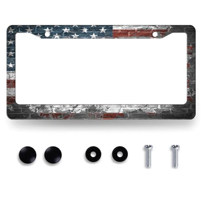 Retro American Flag License Plate Frame Patriotic Flag License Plate Holders American Funny Stainless Steel Car Bracket 2 Hole with Screws Universal Auto Accessory License Plate Frames 6.2x12.2 Inch - color: Funny American flag Retro Flag