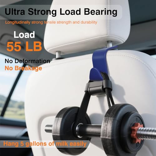 Car Seat Hooks & Purse Holder - 4 Pack Boxed,55 lb Heavy Duty,Eco PP Car Hooks for Purse/Bag/Baby Gear/Gym Bag/Groceries/Cup/,Fits 0.32-0.55”Car Headrest Rods (Dark Blue) - color: Dark Blue