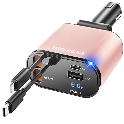 SUPERONE 【Upgraded】 Retractable Car Charger 4 in 1, Fast Car Phone Charger with Cord 2.6ft, USB C Car Charger Adapter, Compatible with iPhone 17/16/15/15 Pro Max/14/13/12/11, Galaxy, Pixel - color: Pink