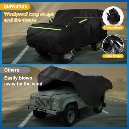 QUNSUNUS Car Cover for Land Rover Defender 90 1984-2016, Waterproof YJ/TJ 2 Door Car Covers with Cotton Lining, All Weather Cover with Straps and Zipper for Wind, Sun and Dust Protection - size: for Land Rover Defender 90/YJ/TJ 2-Door