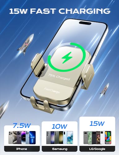 CHGeek Wireless Car Charger, 15W Fast Charging Auto Clamping Car Charger Phone Mount Phone Holder fit for iPhone 15 14 13 12 11 Pro Max Xs, Samsung Galaxy S24 Ultra S23 S22 S21, S20, S10+, Khaki - color: Khaki