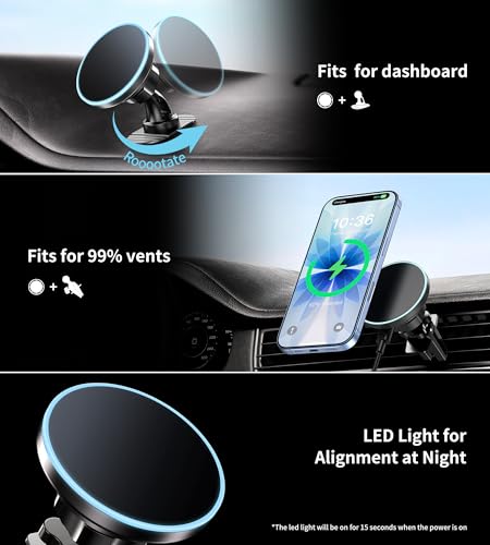BHHB for Magsafe Car Mount Charger, [2026 Upgrade] 15W 2in1 Magnetic Wireless Car Charger, fits for Magsafe Car Charger, Vent/Dashboard Phone Holder for iPhone 17 16 15 14 13 12 Series(Cyan) - color: Cyan