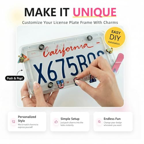 DIY Charm License Plate Frame Crystal Clear, 1-Pack Premium TPU License Plate Holder Compatible with Shoe Charms, Anti-Theft Stainless Steel Hardware Kit & Tools, Rattle-Proof Drainage Design - color: Clear, size: 1 PC