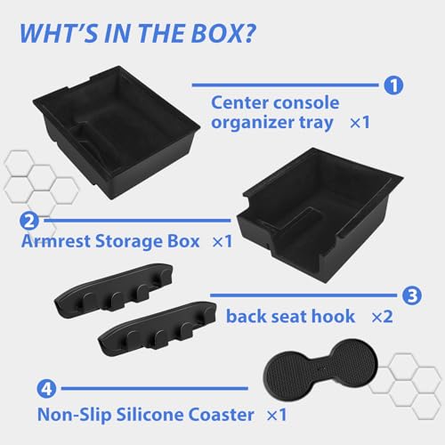Center Console Organizer for Tesla Model Y 2024-2021 Accessories Storage Organizer SetIncludes for Model 3 2023-2017 Center Console Box, Armrest Box, Cup Holder,2 Seat Back Hook - size: Black 5pcs