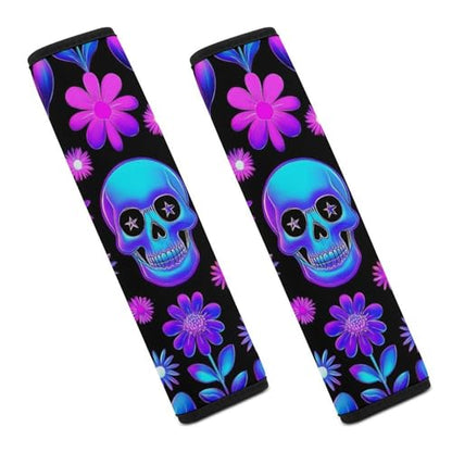 Men's Car Belt Covers 2PCS Fashion Cushion Pad Car Shoulder Strap Harness Pad Neon Purple Flowers Floral Skull - color: Color849