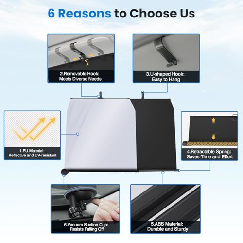 2026 Auto Retractable Sun Shade for Car Windshield - Adjustable Automatic Front Window Sunshade for UV & Heat Protection - Universal Fit for Outdoor Camping & Daily Parking (Not Fit Dashboard Bulge)