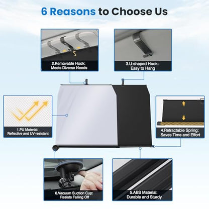 2026 Auto Retractable Sun Shade for Car Windshield - Adjustable Automatic Front Window Sunshade for UV & Heat Protection - Universal Fit for Outdoor Camping & Daily Parking (Not Fit Dashboard Bulge)
