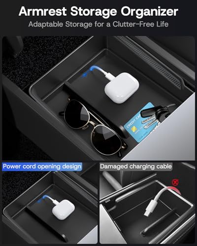 Center Console Organizer Tray for Tesla Model Y Juniper 2026 2025 (Premium & Performance), 8PCS - PC Material & Silent Silicone Armrest Storage Box Bottom Liners Wireless Charging Pad Cup Holder - size: Model Y Juniper