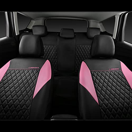 CAR PASS Pink Leather Seat Covers,Girly Quilting Pretty Cute Car Seat Cover with 5mm Composite Sponge Inside,Airbag Compatible, Universal Fit for Most Sedan,SUV,Vans(Full Set,Pink) - color: Black and Pink, size: Full Set (Front and Rear)