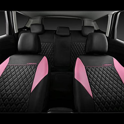 CAR PASS Pink Leather Seat Covers,Girly Quilting Pretty Cute Car Seat Cover with 5mm Composite Sponge Inside,Airbag Compatible, Universal Fit for Most Sedan,SUV,Vans(Full Set,Pink) - color: Black and Pink, size: Full Set (Front and Rear)