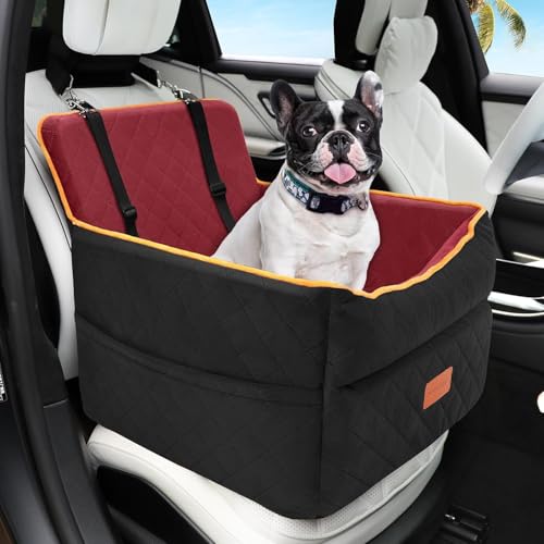 HEGGCOOE Dog Car Seat for Small Medium Dogs, Memory Foam Puppy Dog Booster Seat with Thick Cushion for Dogs Under 35lbs, Detachable Washable Pet Car Seat Travel Bed with Storage Pockets,2 Safety Belts - color: Black/red