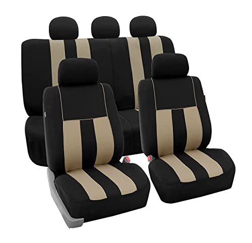 FH Group Striking Striped Car Seat Covers – Full Set, Universal Fit for Front Low Back Seats, Airbag Compatible, Rear Split Bench, Washable Seat Covers for Cars, SUVs, Vans, Sedans – Beige - color: Beige, size: Full Set