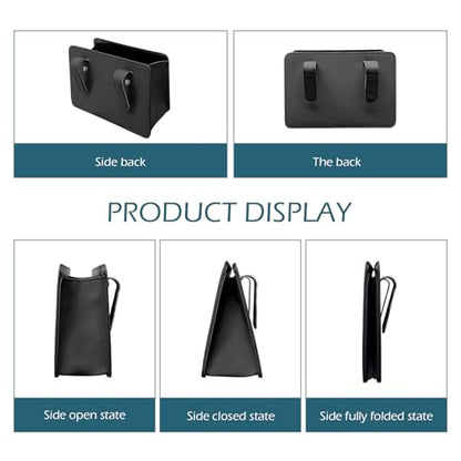 Car Trash Can, Leather Vehicle Trash Bin with 1 Roll Trash Bag, Mini Foldable Seat Back Hanging Storage Bag Container, Waterproof Car Door Storage Box, Universal for Most Cars (Black)