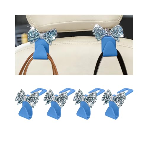 Zpana Bling Car Headreat Hook, 2PCS Crystal Rhinestone Cute Bow Vehicle Seat Back Hanger Storage for Purses Bags Grocery, Diamond Auto Rear Seat Organizer, Universal for SUV Truck Sedan (Light Blue) - style: Light Blue/4PCS