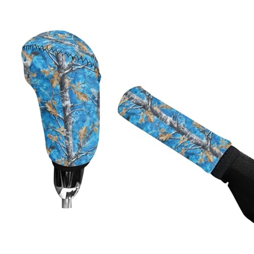 KEIAHUAN Car Gear Shift and Handbrake Cover Breathable Anti-Scratch Car Shifter Gear Hand Brake Cover Automotive Accessories for Men 2PCS, Blue Branch Camo Hunting - color: Blue Branch Camo Hunting Design