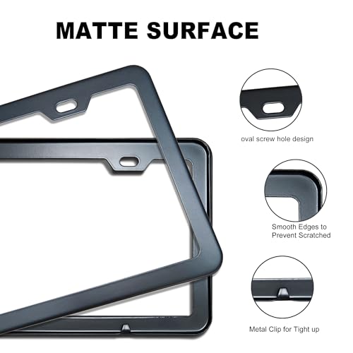 Black License Plate Frame, Premium Matte Aluminum Alloy Holder with 2 Holes, 2 Pack Waterproof Rust-Proof Universal Car Frame, Including Screws, Caps and Rattle Proof Pads - color: Black