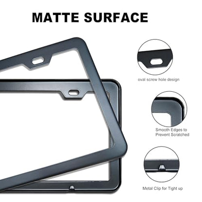 Black License Plate Frame, Premium Matte Aluminum Alloy Holder with 2 Holes, 2 Pack Waterproof Rust-Proof Universal Car Frame, Including Screws, Caps and Rattle Proof Pads - color: Black