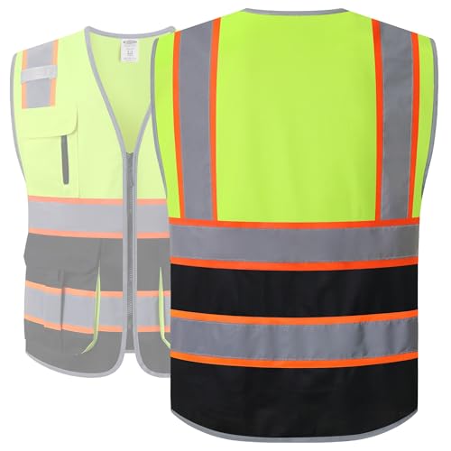 JKSafety 7 Pockets High Visibility Zipper Front Safety Vest With Reflective Strips.Meets ANSI/ISEA Standards(130-Yellow-Black M) - color: Yellow-black, size: Medium