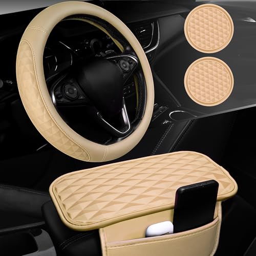 CAR PASS 3D Rhombus Leather Steering Wheel Cover Car Accessories Set, Comfortable Center Console Armrest Cushion with Storage Bags 2 Non-Slip Cup Coasters, 14.5-15in Car Interior Sets, 4 PCS All Beige - color: Beige