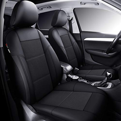 P&J AUTO Leather and Mesh Car Seat Cover Front Pair Universal Fit for Cars Trucks Vans & SUVs Airbag Compatible (Black) - color: BK BK