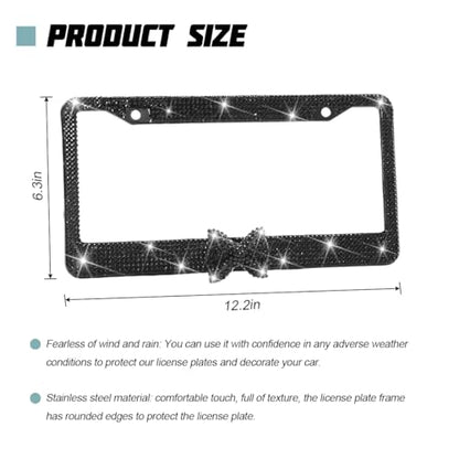 Bling Car License Plate Frame for Women, 2PCS Crystal Rhinestone Stainless Steel Vehicle Plate Holder, Glitter Diamond Sparkly Auto Plate Cover Accessories, Universal Fit (Black/Black Bow) - color: Black/Black Bow