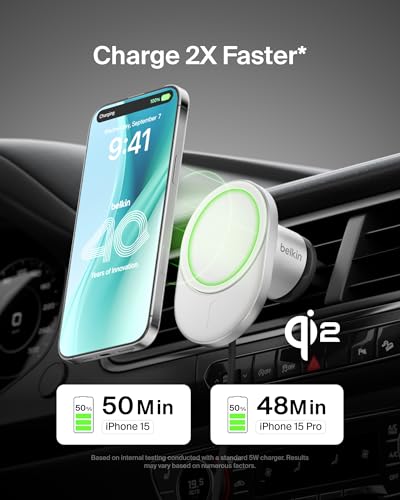 Belkin MagSafe-Compatible Wireless Car Charger 15W, Fast Charging Wireless Charger - Powerful Magnetic Vent Holder for iPhone 17, 16, 15, 14, 13 Series, Pixel 10, Secure Car Phone Mount - White - style: Charging Mount - New Model