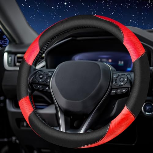 Soft Leather Steering Wheel Cover with Breathable Design and Anti-Slip Grip, Specially Designed for 14.5-15.2 inch Circular Steering Wheels - color: DOUBLE-RED