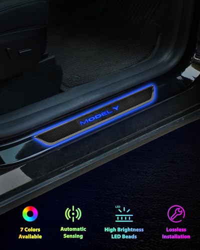KEWISAUTO Door Sill Cover Protector with LED Light for Model Y, Pedal Pathway Lights Door Welcome Courtesy Pedal Mood Light for 2020-2024 Tesla Model Y Accessories (Carbon Fiber Style) - 4PCS