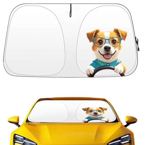 Windshield Sun Shade, Cute Funny Puppy Foldable Car Front Window Covers, Sun Heat UV Rays Visor Protector Protection for Universal Cars, Trucks, and SUVs, Silver Coated on Both Sides（L, 63 * 35in） - color: Puppy Pattern, size: L, 63 * 35in