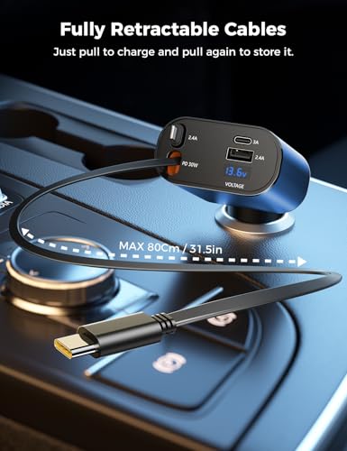 SUPERONE 【Upgraded】 Retractable Car Charger 4 in 1, Fast Car Phone Charger with Cord 2.6ft, USB C and Apple Car Charger Adapter, Compatible with iPhone 17/16/15/15 Pro Max/14/13/12/11, Galaxy, Pixel - color: Blue