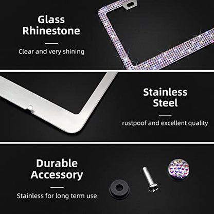 Bling Rhinestone License Plate Frame for Women，Diamond Sparkly License Plate Frames| Stainless Steel Frames & Over 1200 pcs Finest 14 Facets Black Glass Crystals Premium Diamond+GiftBox(Colorful) - color: Colorful-2PK