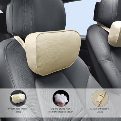 Car Neck Pillow for Headrest, 2 Pack PU Leather Car Headrest Pillow for Neck Support, Super Soft Ergonomic Du-Pont Bio Cotton Travel Pillow with Adjustable Strap (Beige, Shaped Style) - color: Beige1
