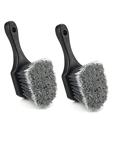 QWORK Short Handle Tire and Wheel Brush for Car Rim, Soft Bristles for Gentle Washing, Efficiently Cleans Tires